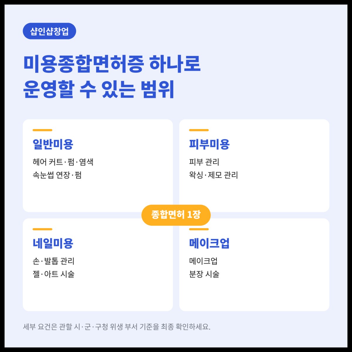 샵인샵창업을 계획한다면 미용종합면허증 하나로 네일·속눈썹·피부를 한 번에 운영할 수 있습니다