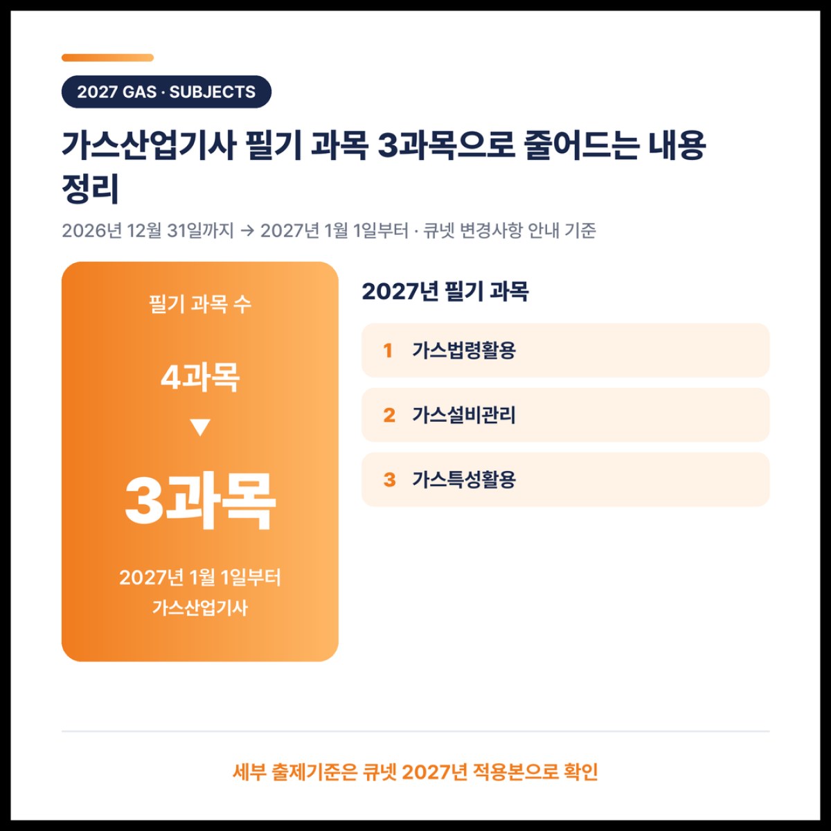 가스산업기사 필기 과목 3과목 개편 내용과 적용 시점 정리