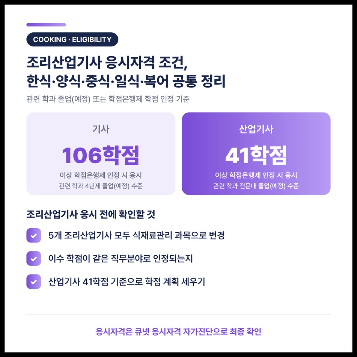 조리산업기사 응시자격 조건, 한식·양식·중식·일식·복어 공통 정리