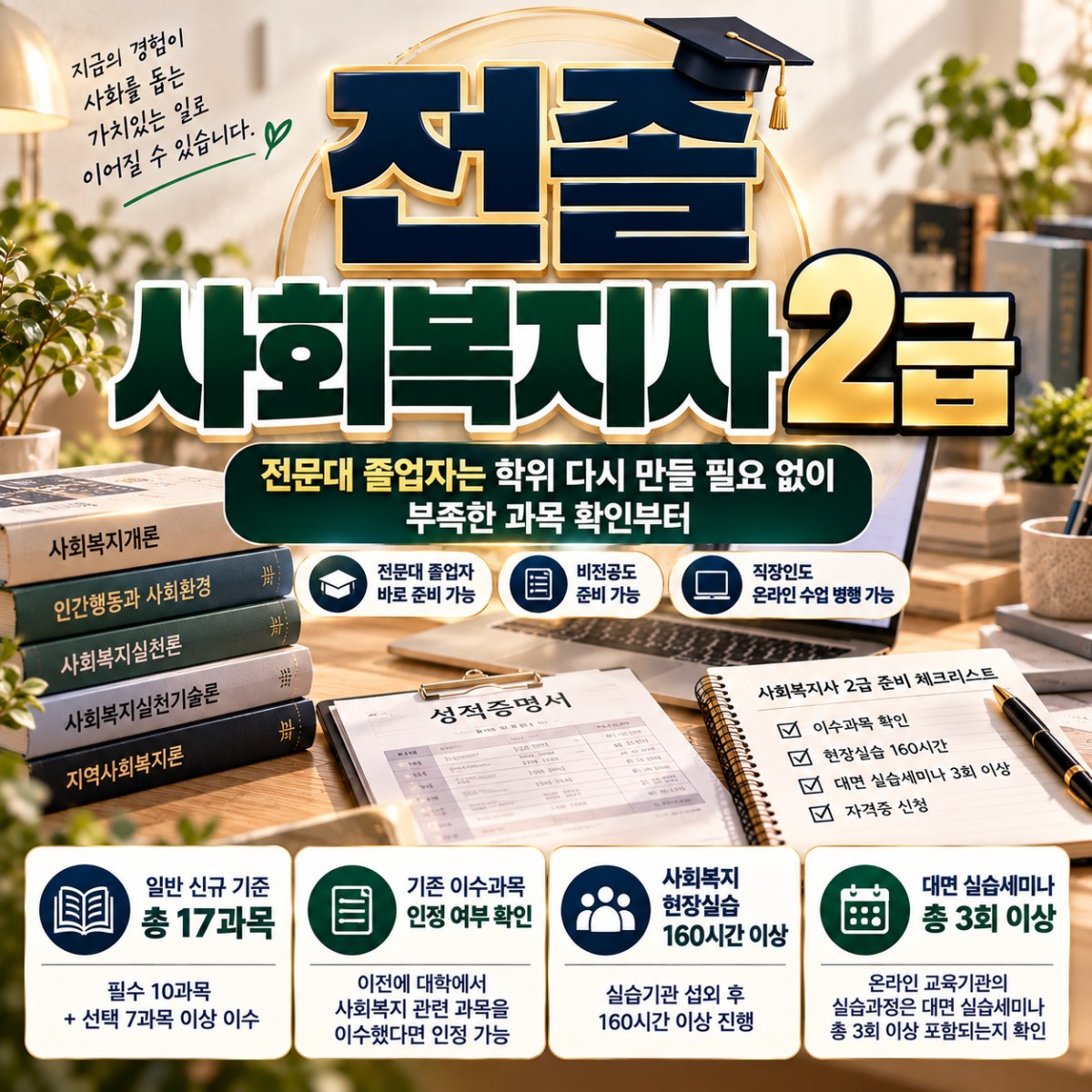 전졸 사회복지사2급 취득방법, 전문대 졸업자는 17과목만 준비하면 될까요?