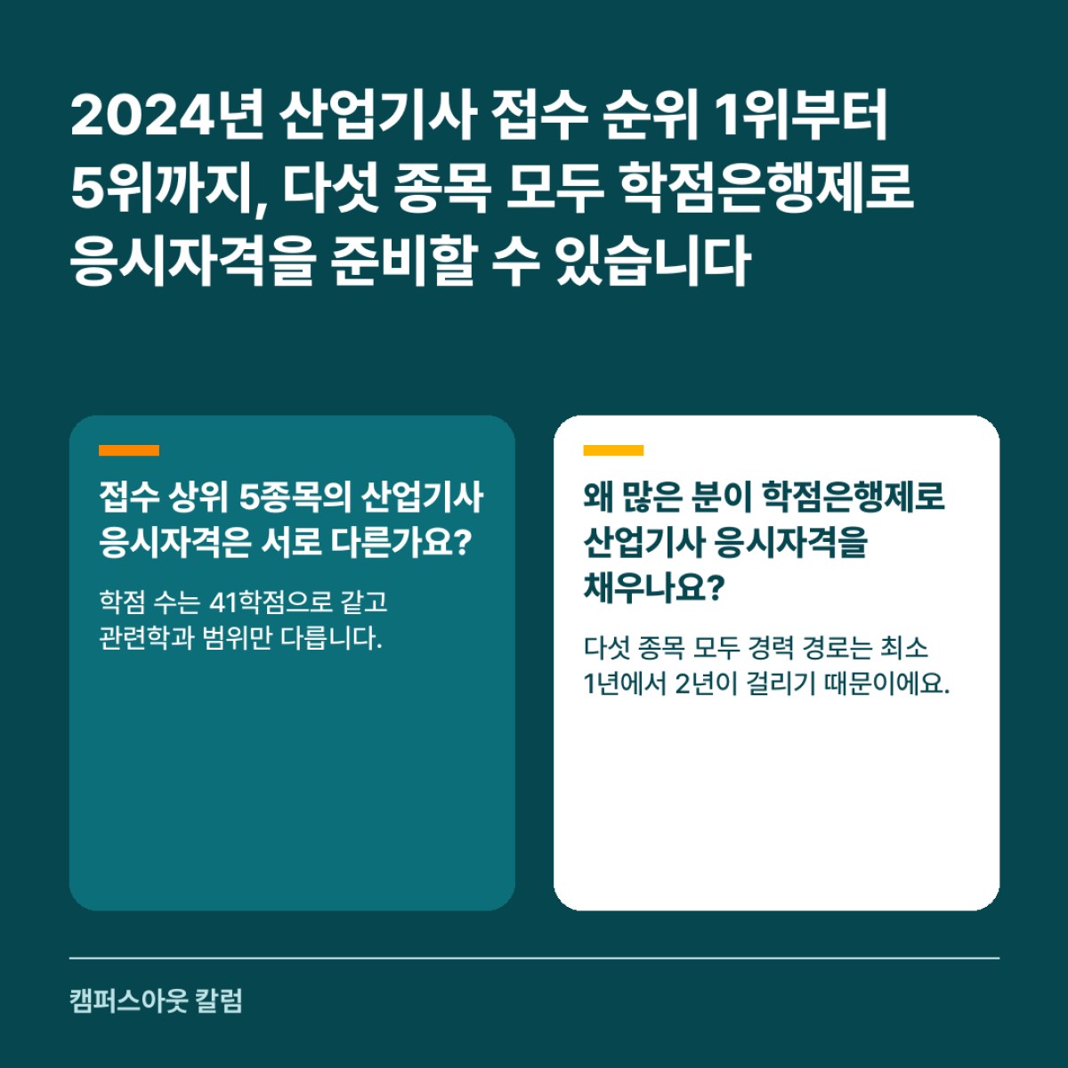 2024년 산업기사 접수 순위 1위부터 5위까지, 다섯 종목 모두 학점은행제로 응시자격을 준비할 수 있습니다
