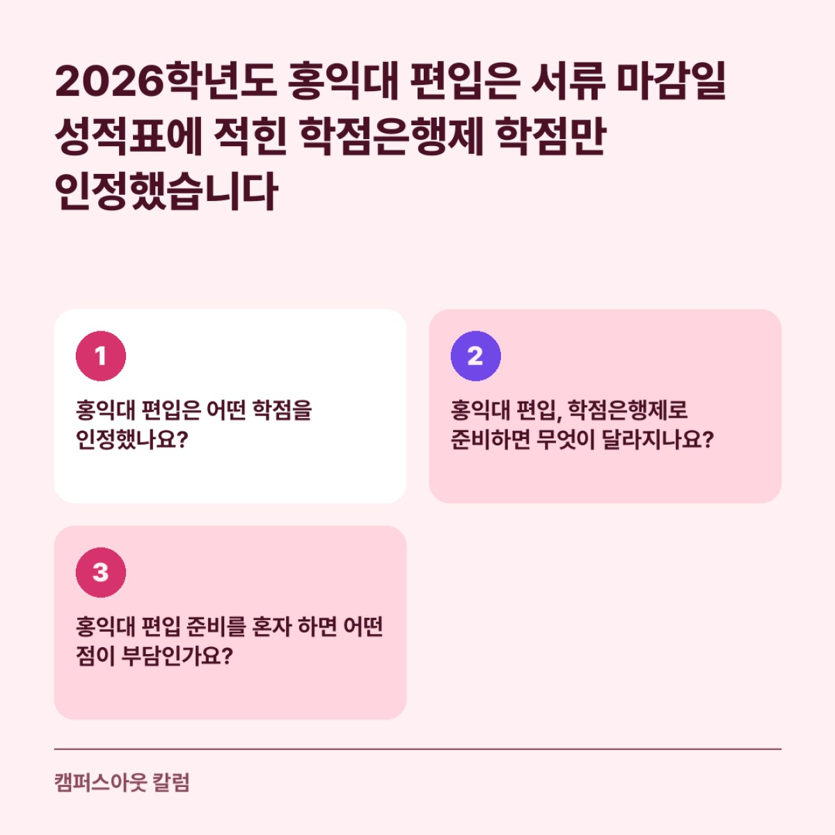 2026학년도 홍익대 편입은 서류 마감일 성적표에 적힌 학점은행제 학점만 인정했습니다