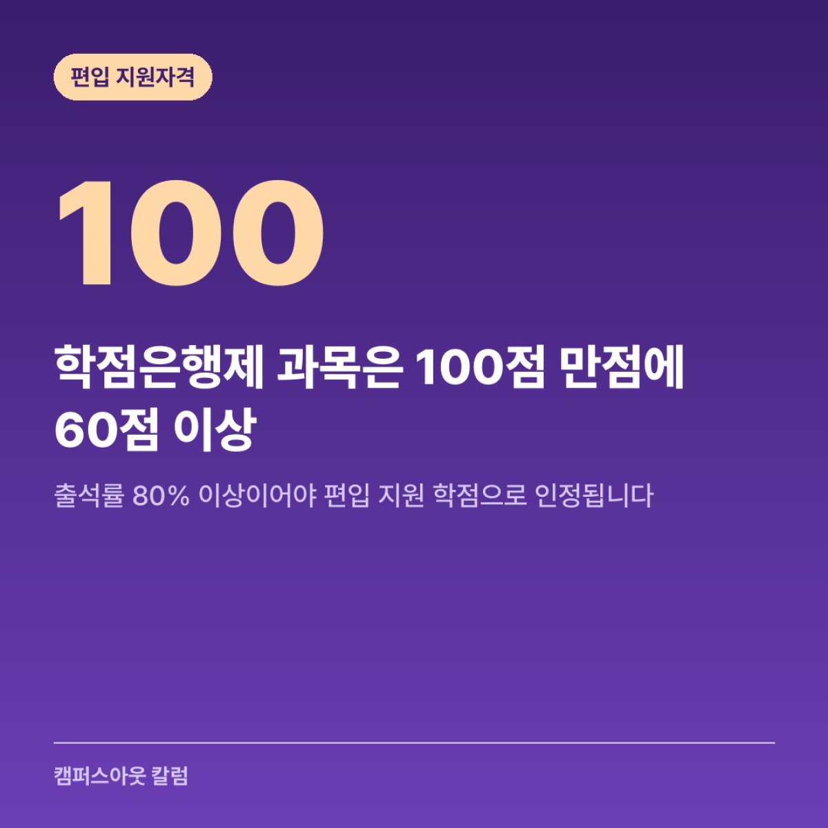 학점은행제 과목은 100점 만점에 60점 이상, 출석률 80% 이상이어야 편입 지원 학점으로 인정됩니다