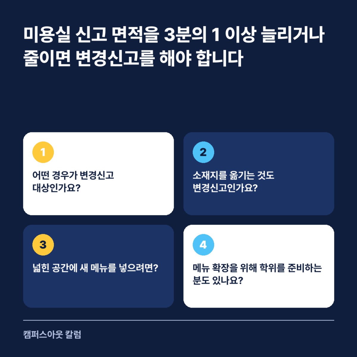 미용실 신고 면적을 3분의 1 이상 늘리거나 줄이면 변경신고를 해야 합니다