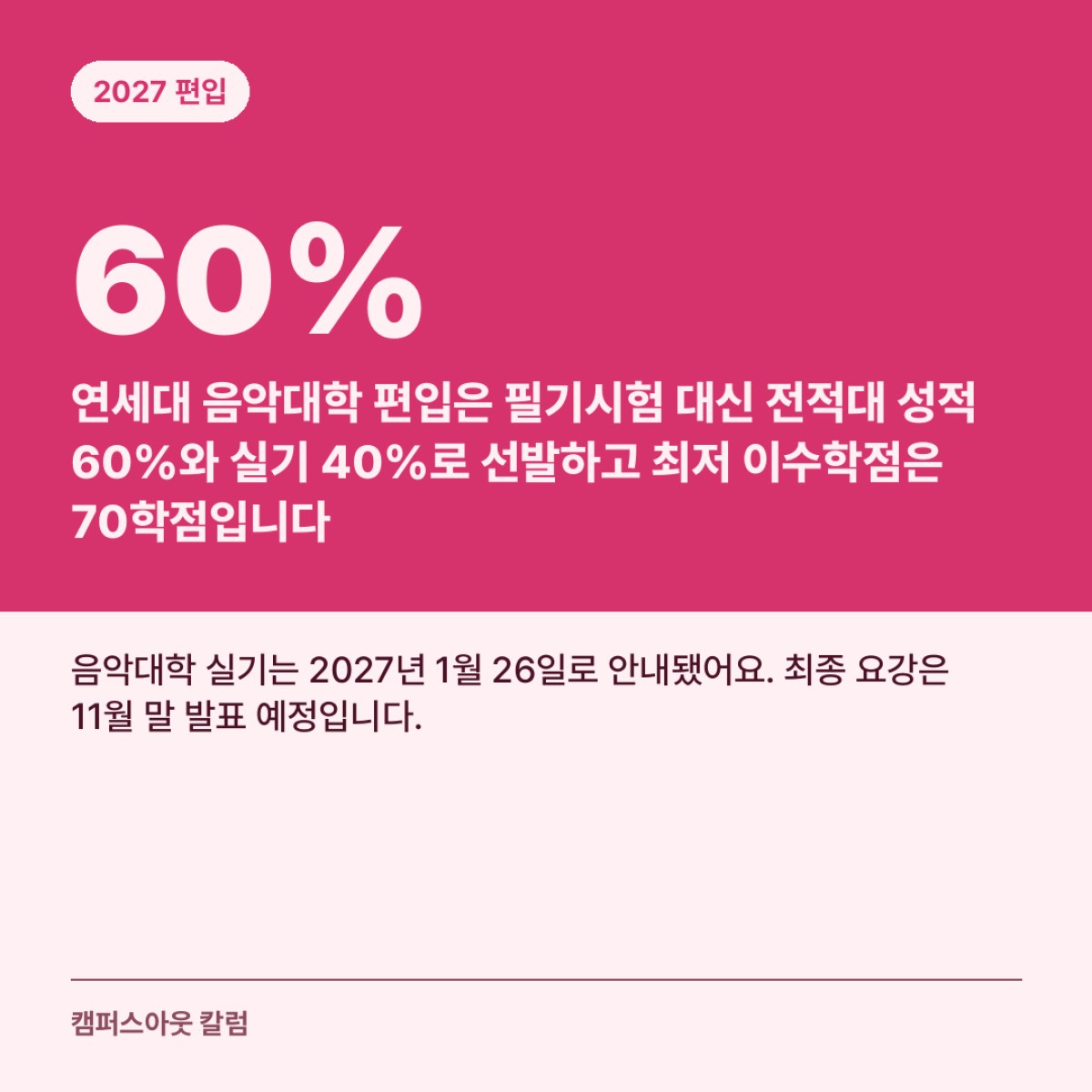 연세대 음악대학 편입은 필기시험 대신 전적대 성적 60%와 실기 40%로 선발하고 최저 이수학점은 70학점입니다