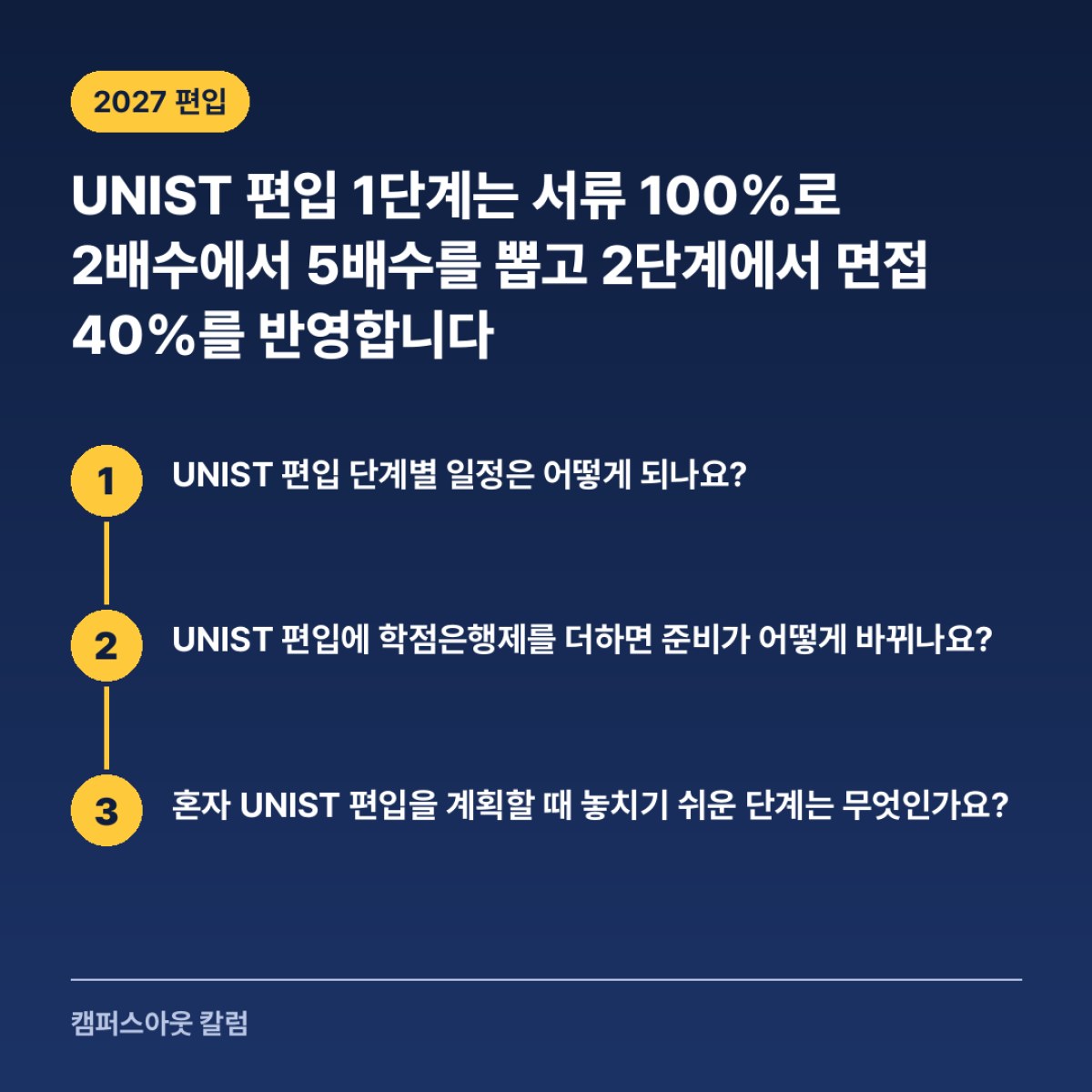 UNIST 편입 1단계는 서류 100%로 2배수에서 5배수를 뽑고 2단계에서 면접 40%를 반영합니다